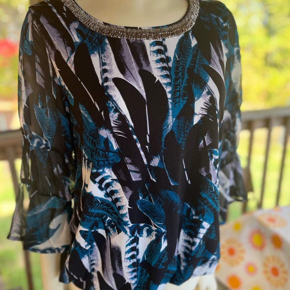 Alfani Blue and Black Feather Print Blouse